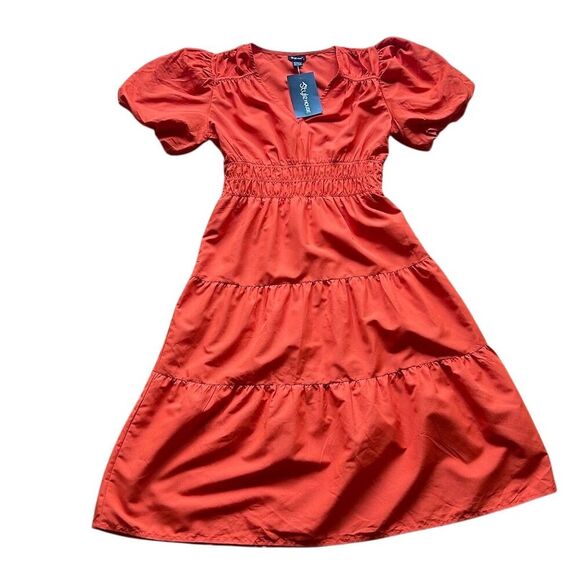 Stule House Women's Orange V-Neck Puff Sleeve Tiered Maxi Dress L - Picture 3 of 7